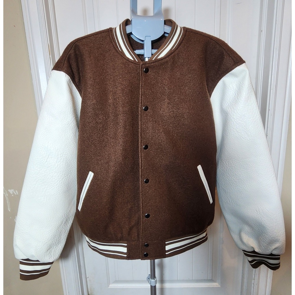 MADE Varsity Jacket Large Brown Cream Wool Blend Faux Leather Bomber NWOT